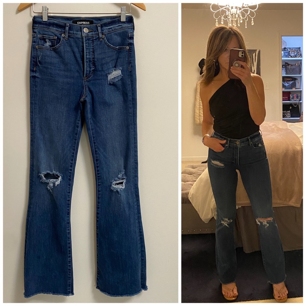 EXPRESS Stretch Denim Dark Blue Distressed Boot High-Rise Jeans SIZE 2R
